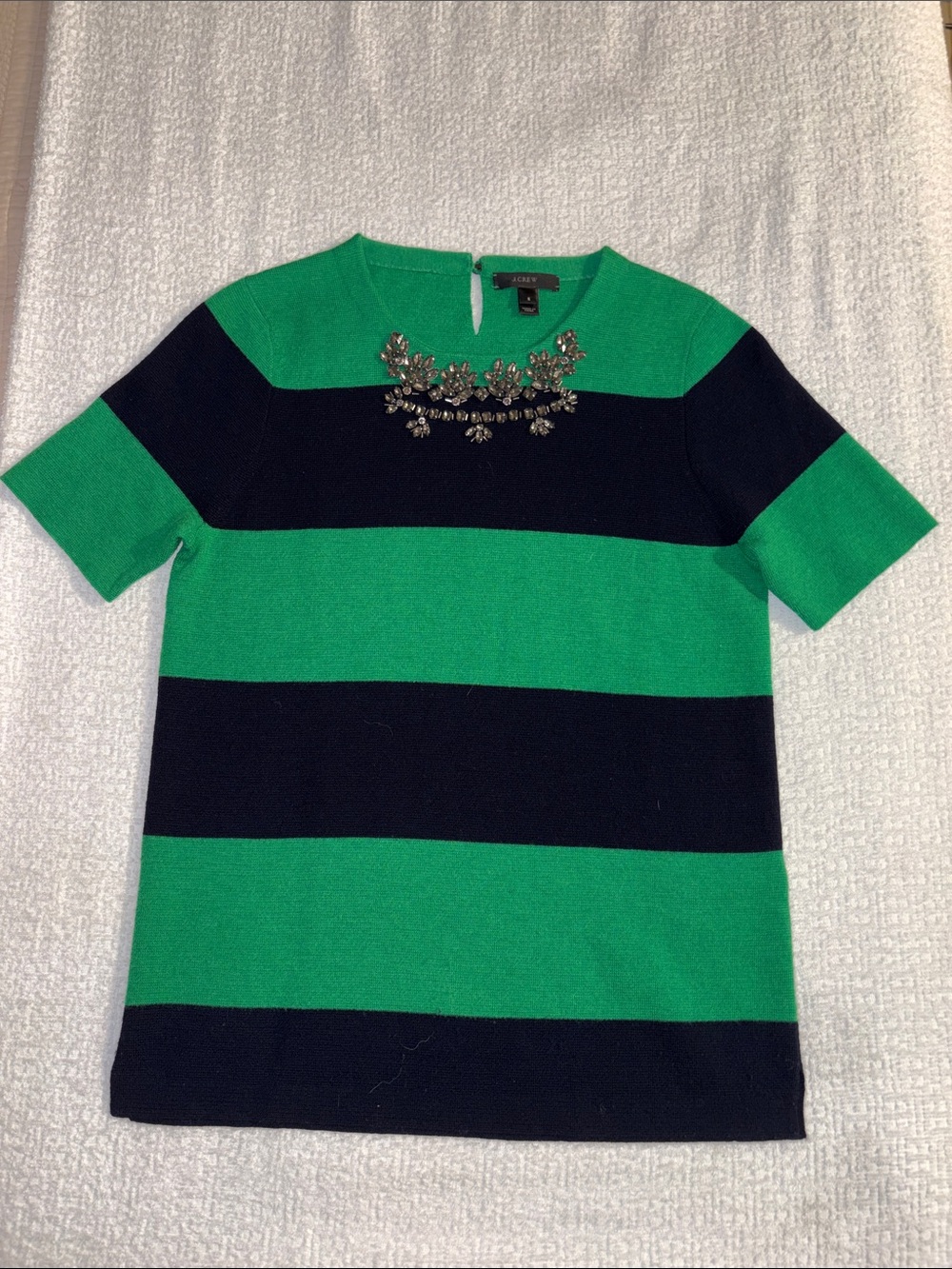 J. Crew Green & Navy Striped Jewel-Embellished Knit Top